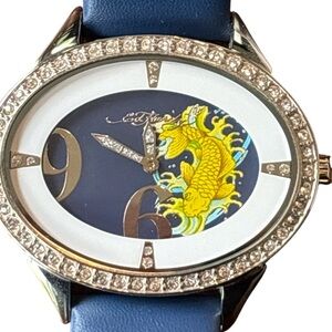 Ed Hardy Koi Fish Watch Blue Leather Strap Rhinestone Bezel